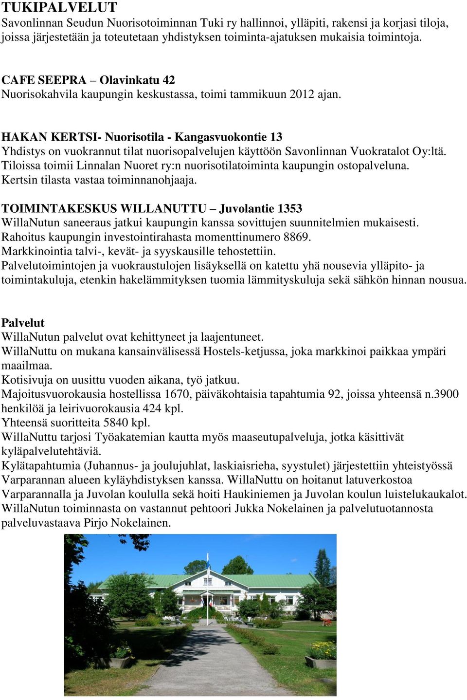 HAKAN KERTSI- Nuorisotila - Kangasvuokontie 13 Yhdistys on vuokrannut tilat nuorisopalvelujen käyttöön Savonlinnan Vuokratalot Oy:ltä.