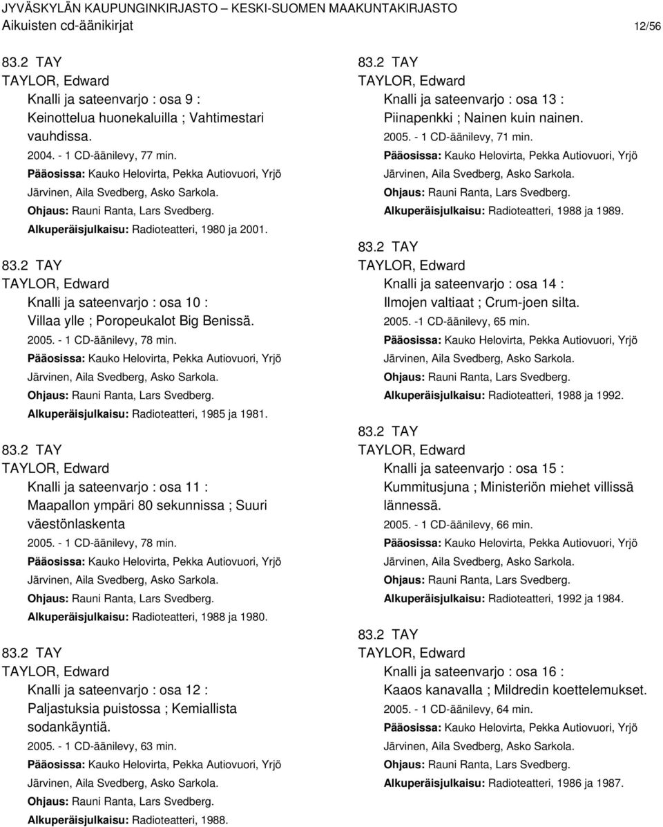 Knalli ja sateenvarjo : osa 10 : Villaa ylle ; Poropeukalot Big Benissä. 2005. - 1 CD-äänilevy, 78 min. Pääosissa: Kauko Helovirta, Pekka Autiovuori, Yrjö Järvinen, Aila Svedberg, Asko Sarkola.