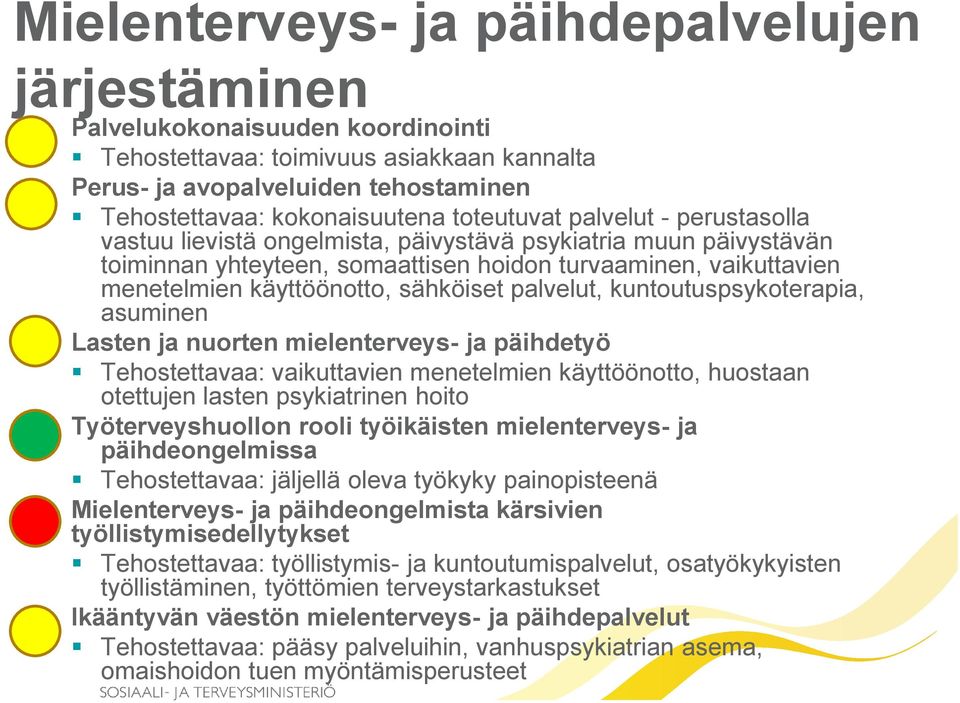 sähköiset palvelut, kuntoutuspsykoterapia, asuminen Lasten ja nuorten mielenterveys- ja päihdetyö Tehostettavaa: vaikuttavien menetelmien käyttöönotto, huostaan otettujen lasten psykiatrinen hoito