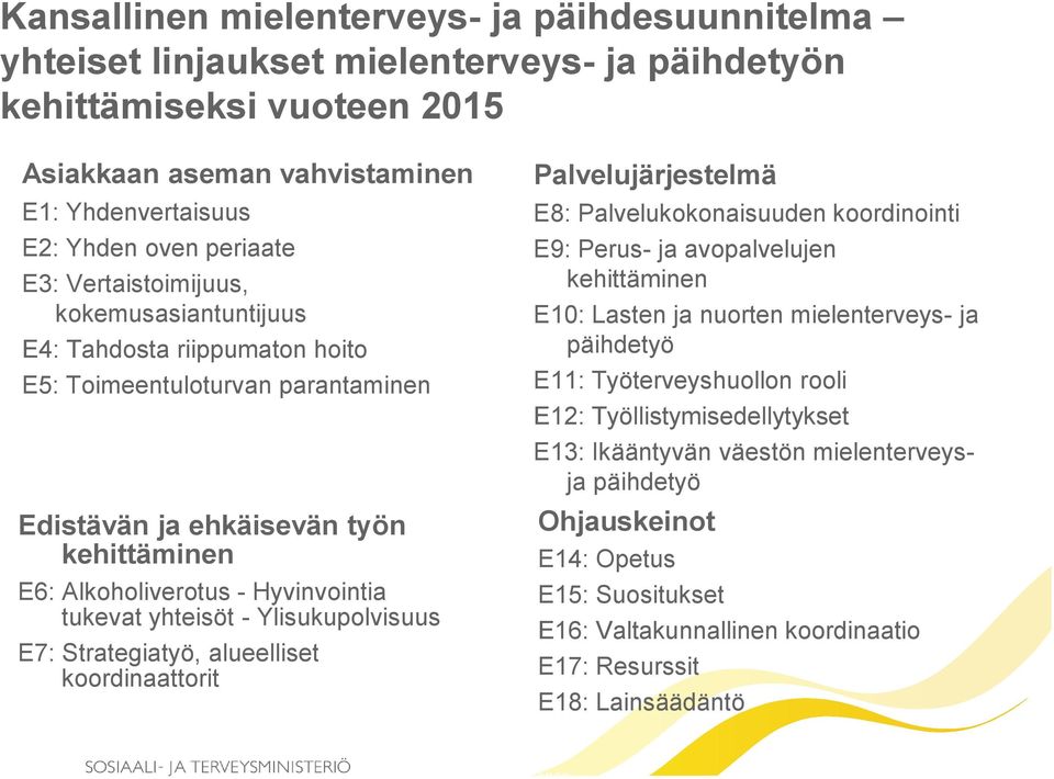 yhteisöt - Ylisukupolvisuus E7: Strategiatyö, alueelliset koordinaattorit Palvelujärjestelmä E8: Palvelukokonaisuuden koordinointi E9: Perus- ja avopalvelujen kehittäminen E10: Lasten ja nuorten