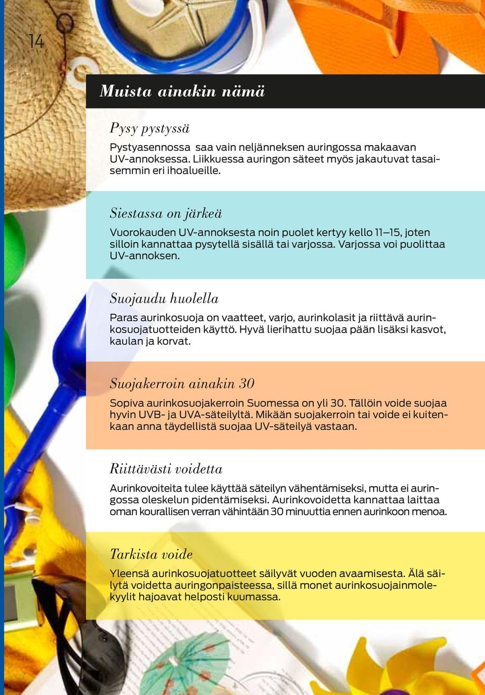 Suojaudu huolella Paras aurinkosuoja on vaatteet, varjo, aurinkolasit ja riittävä aurinkosuojatuotteiden käyttö. Hyvä lierihattu suojaa pään lisäksi kasvot, kaulan ja korvat.