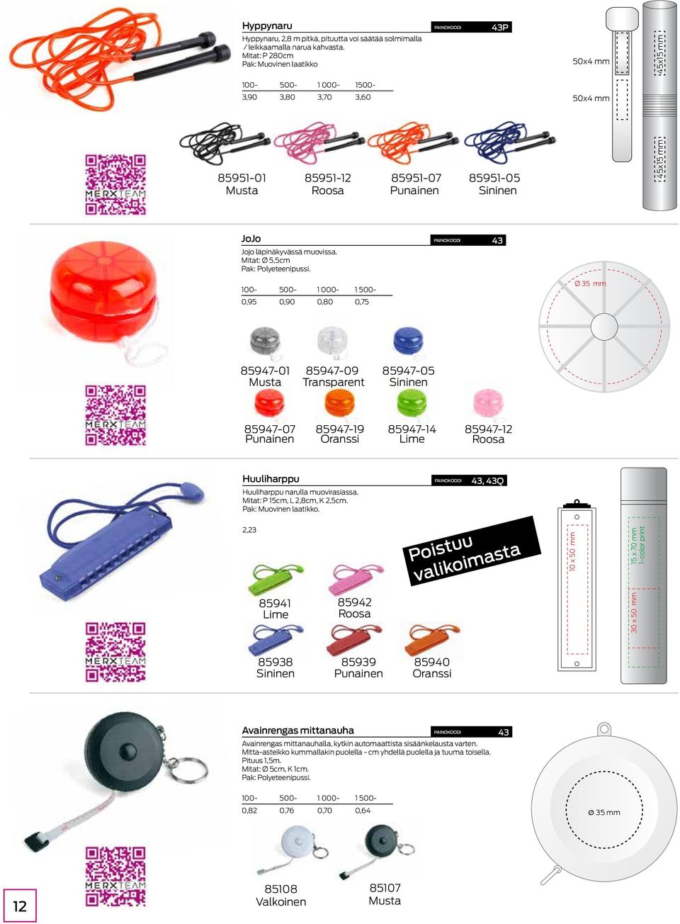 Mitat: Ø 5,5cm 0,95 0,90 0,80 0,75 Ø 35 85947-01 85947-09 85947-05 Transparent Sininen 85947-07 85947-19 85947-14 85947-12 Oranssi Lime Roosa Huuliharppu painokoodi 43, 43Q Huuliharppu narulla