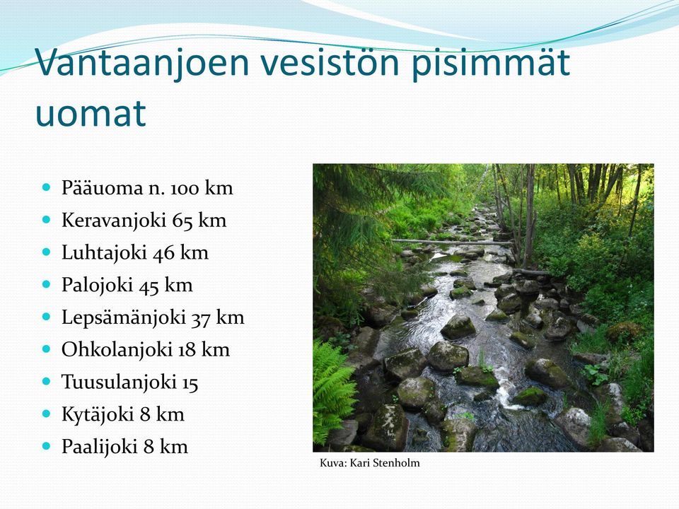 Palojoki 45 km Lepsämänjoki 37 km Ohkolanjoki