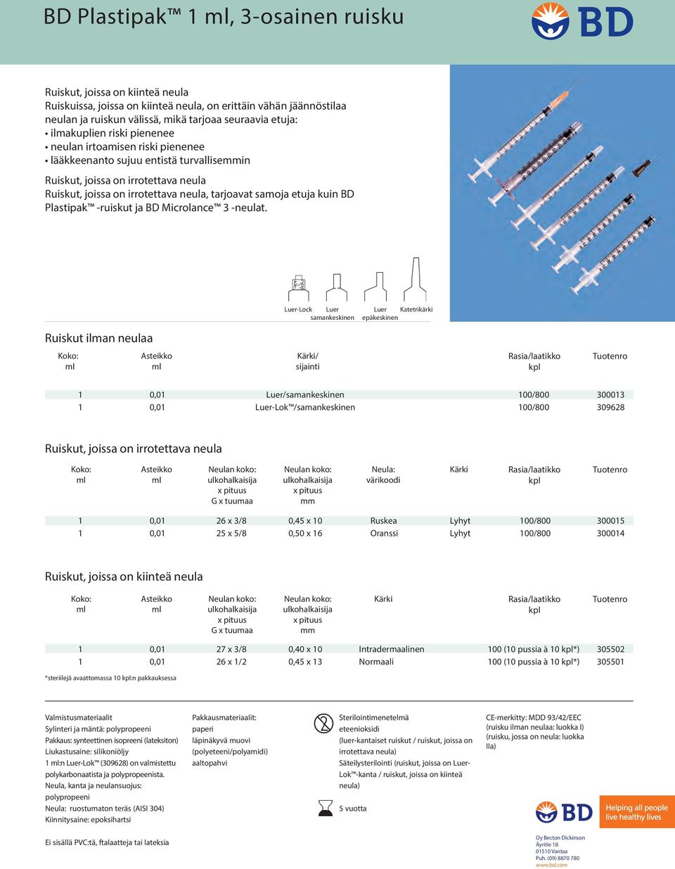 kuin BD Plastipak -ruiskut ja BD Microlance 3 -neulat.