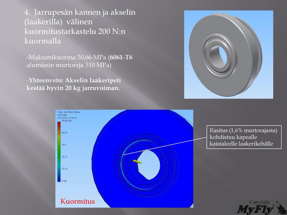 MPa) -Yhteenveto: Akselin laakeripeti kestää hyvin 20 kg jarruvoiman.