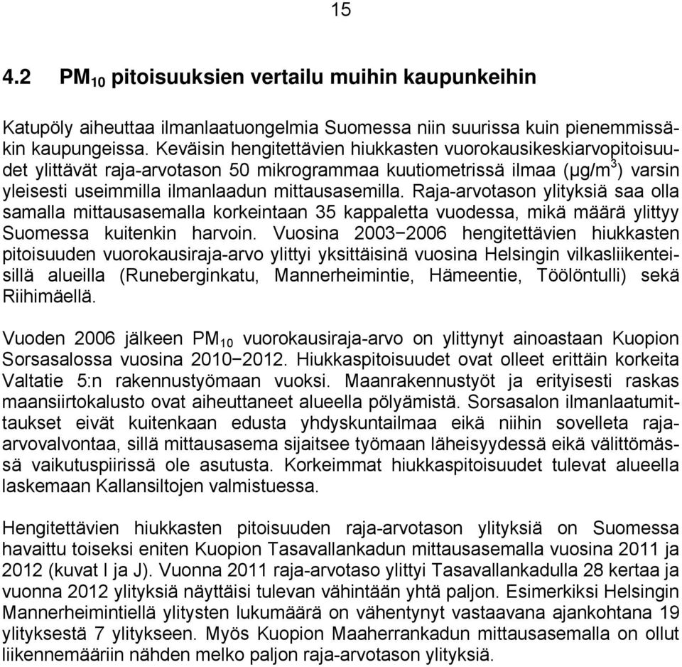 Raja-arvotason ylityksiä saa olla samalla mittausasemalla korkeintaan 35 kappaletta vuodessa, mikä määrä ylittyy Suomessa kuitenkin harvoin.