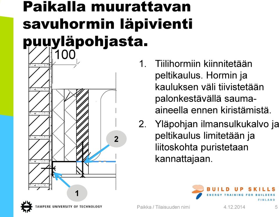 Hormin ja kauluksen väli tiivistetään palonkestävällä saumaaineella ennen