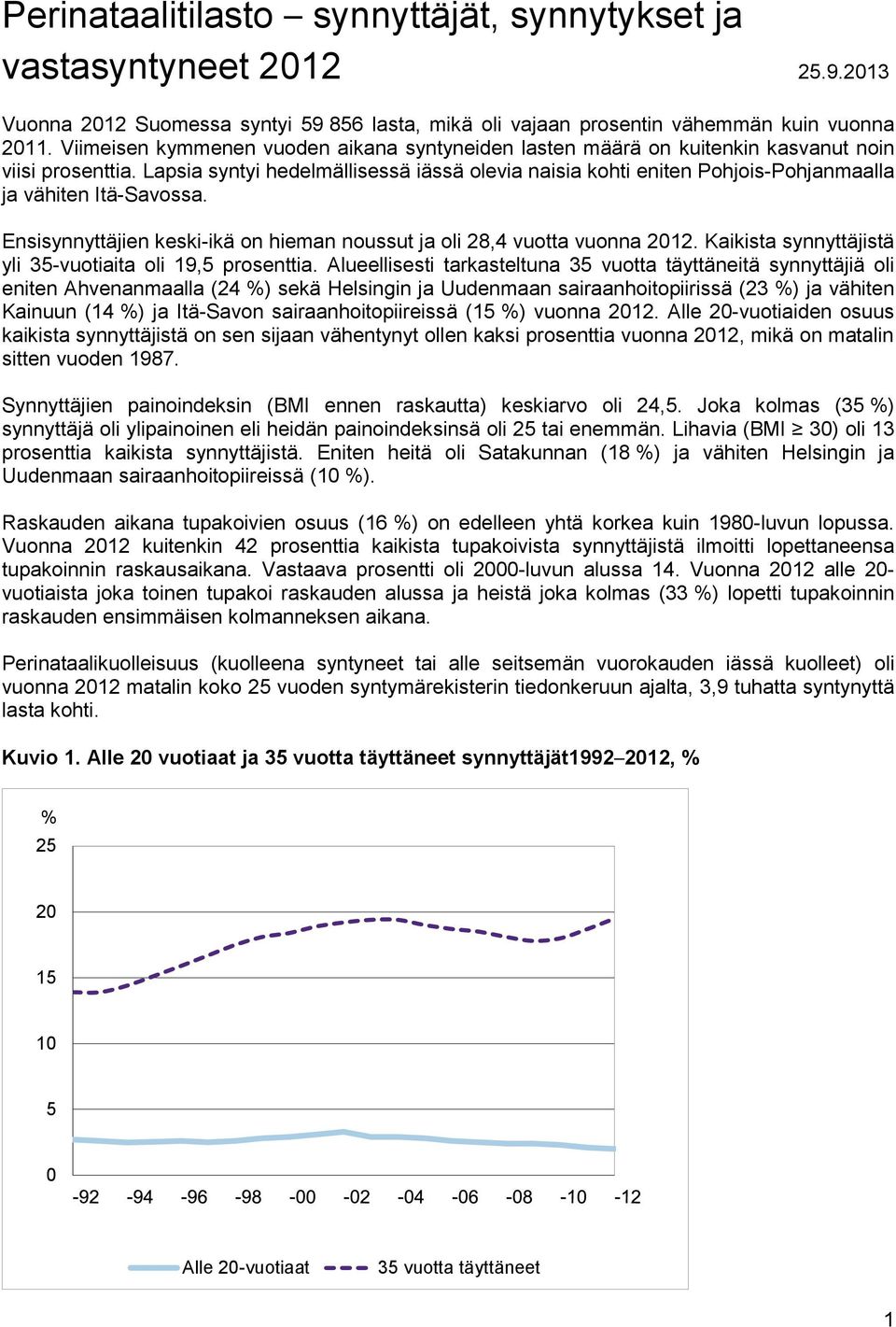 Lapsia syntyi hedelmällisessä iässä olevia naisia kohti eniten Pohjois-Pohjanmaalla ja vähiten Itä-Savossa. Ensisynnyttäjien keski-ikä on hieman noussut ja oli 28,4 vuotta vuonna 2012.