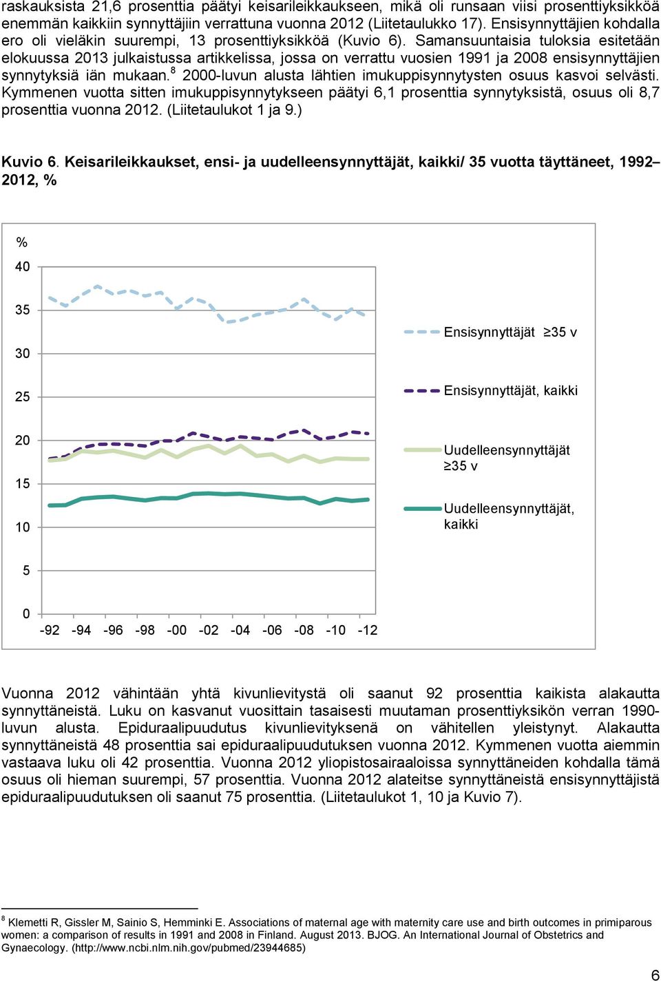 Samansuuntaisia tuloksia esitetään elokuussa 2013 julkaistussa artikkelissa, jossa on verrattu vuosien 1991 ja 2008 ensisynnyttäjien synnytyksiä iän mukaan.