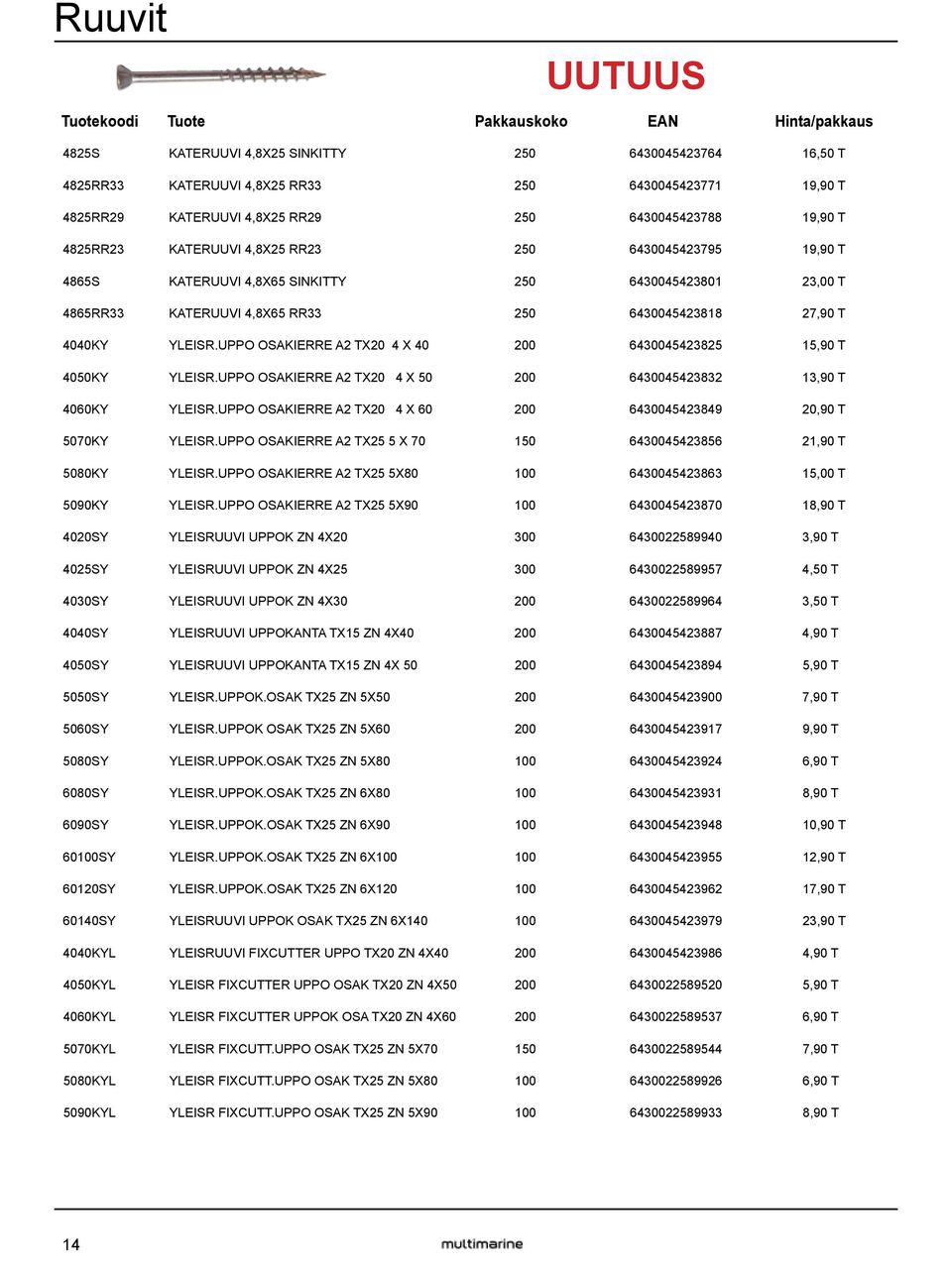 6430045423818 27,90 T 4040KY YLEISR.UPPO OSAKIERRE A2 TX20 4 X 40 200 6430045423825 15,90 T 4050KY YLEISR.UPPO OSAKIERRE A2 TX20 4 X 50 200 6430045423832 13,90 T 4060KY YLEISR.