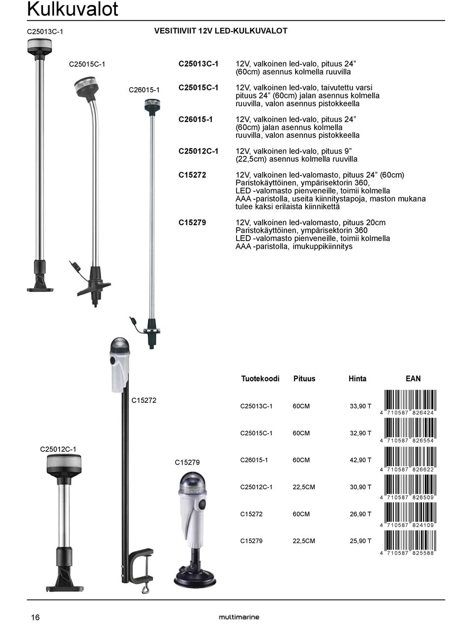 C25012C-1 12V, valkoinen led-valo, pituus 9 (22,5cm) asennus kolmella ruuvilla C15272 C15279 12V, valkoinen led-valomasto, pituus 24 (60cm) Paristokäyttöinen, ympärisektorin 360, LED -valomasto