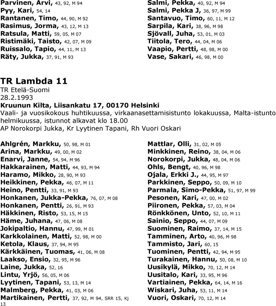 Vaapio, Pertti, 48, 98, M 00 Vase, Sakari, 46, 98, M 00 TR Lambda 11 TR Etelä-Suomi 28
