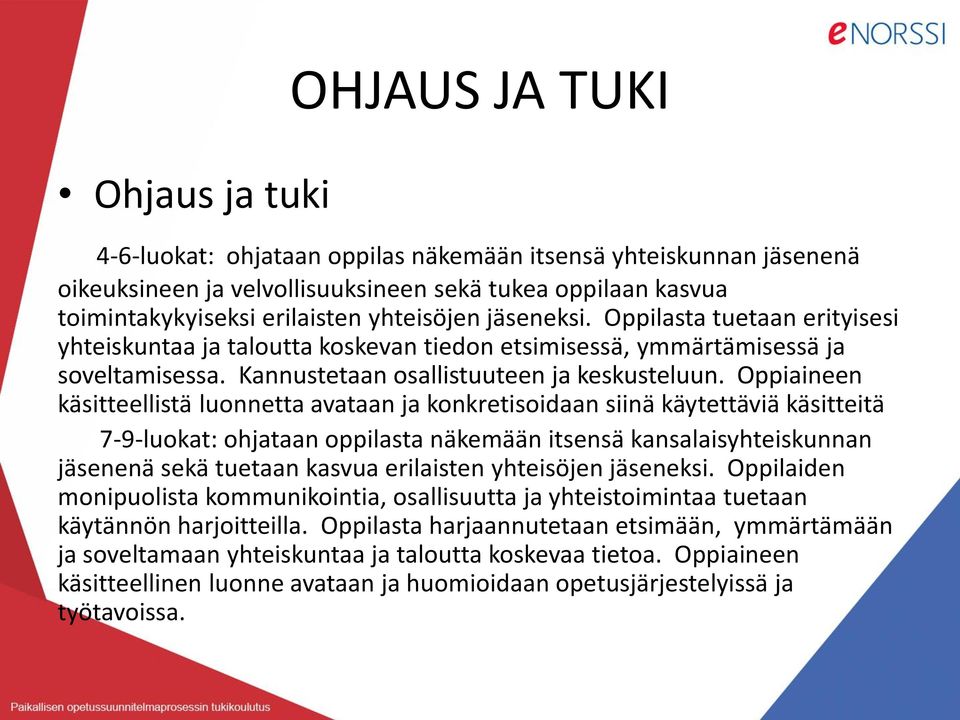 Oppiaineen käsitteellistä luonnetta avataan ja konkretisoidaan siinä käytettäviä käsitteitä 7-9-luokat: ohjataan oppilasta näkemään itsensä kansalaisyhteiskunnan jäsenenä sekä tuetaan kasvua