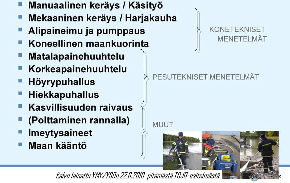 Hiekkapuhallus Kasvillisuuden raivaus (Polttaminen rannalla) MUUT Imeytysaineet Maan