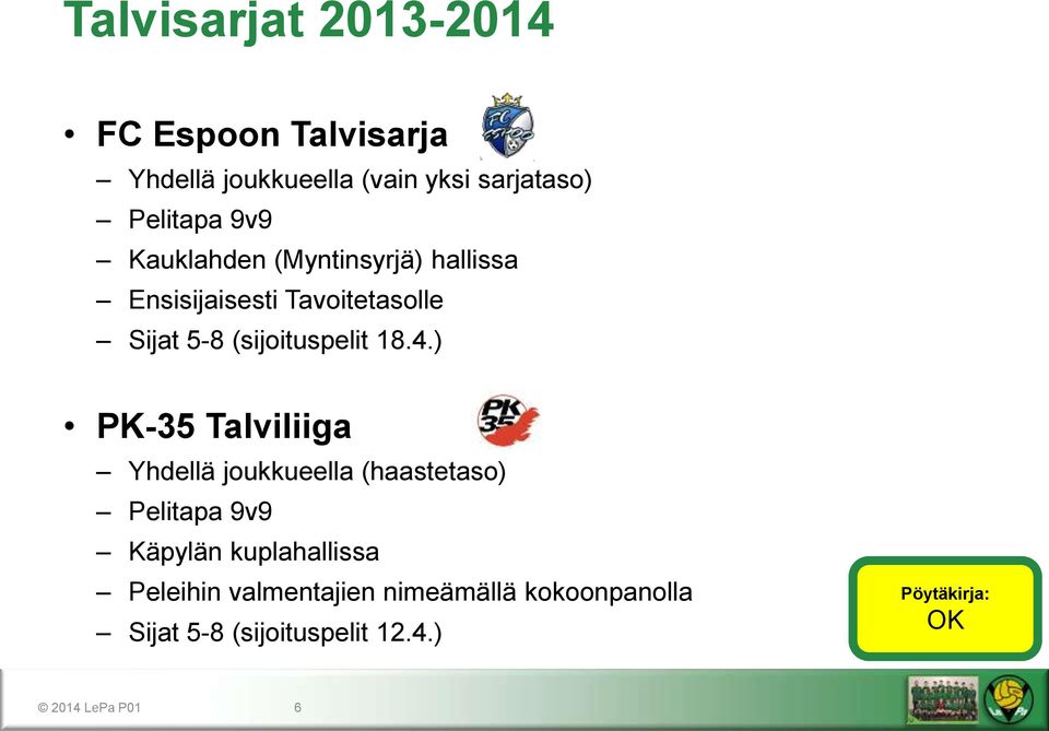 18.4.) PK-35 Talviliiga Yhdellä joukkueella (haastetaso) Pelitapa 9v9 Käpylän kuplahallissa