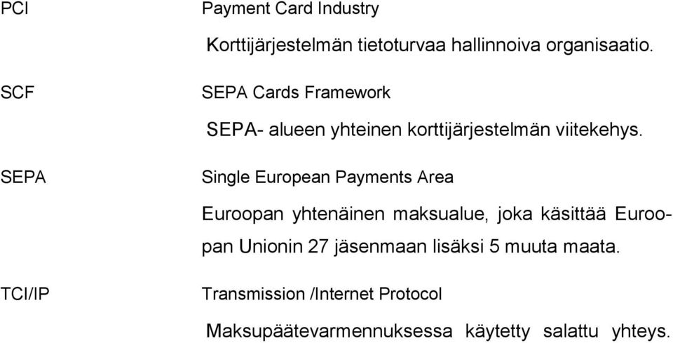 SEPA Single European Payments Area Euroopan yhtenäinen maksualue, joka käsittää Euroopan