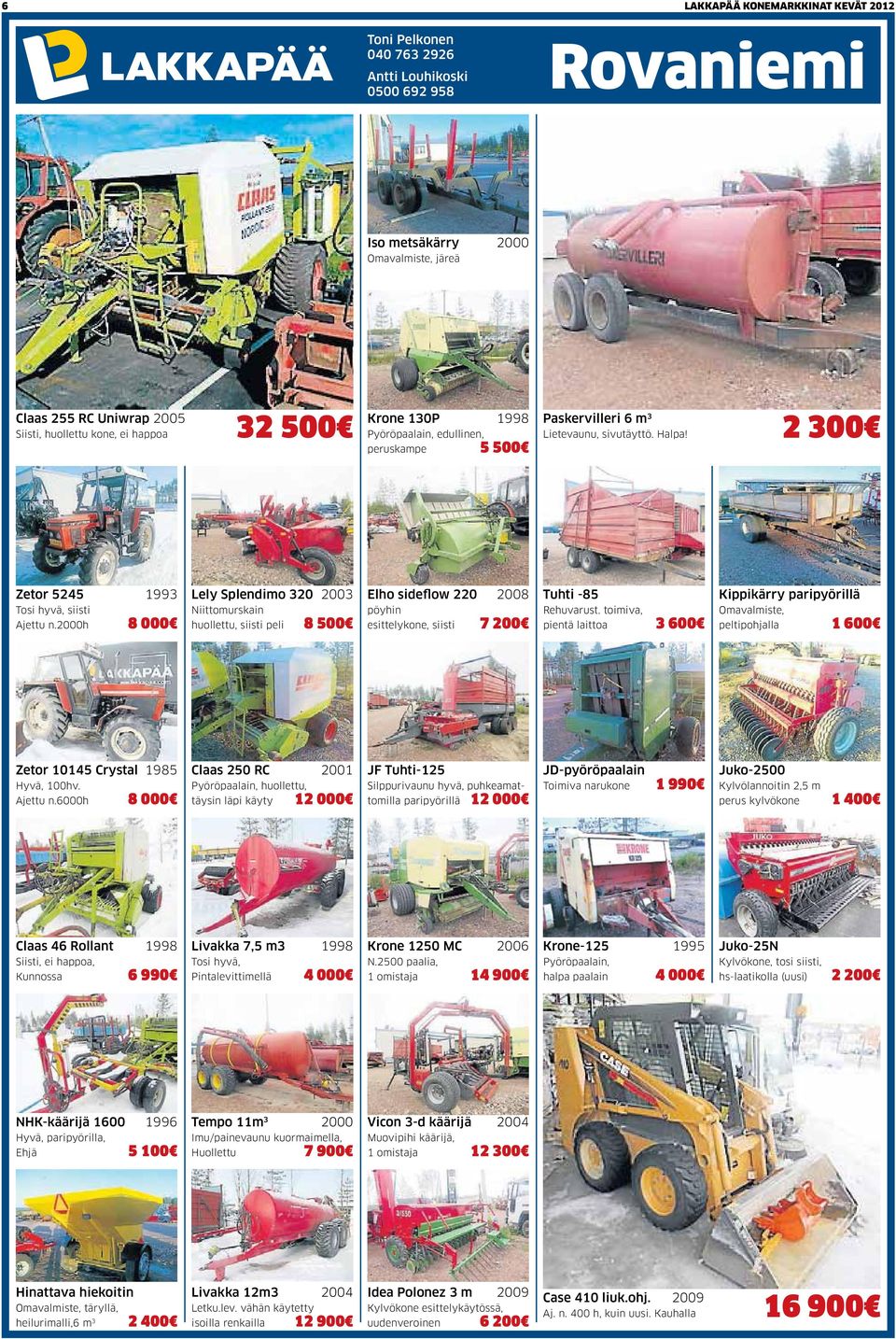 2000h 8 000 Lely Splendimo 320 2003 Niittomurskain huollettu, siisti peli 8 500 Elho sideflow 220 2008 pöyhin esittelykone, siisti 7 200 Tuhti -85 Rehuvarust.