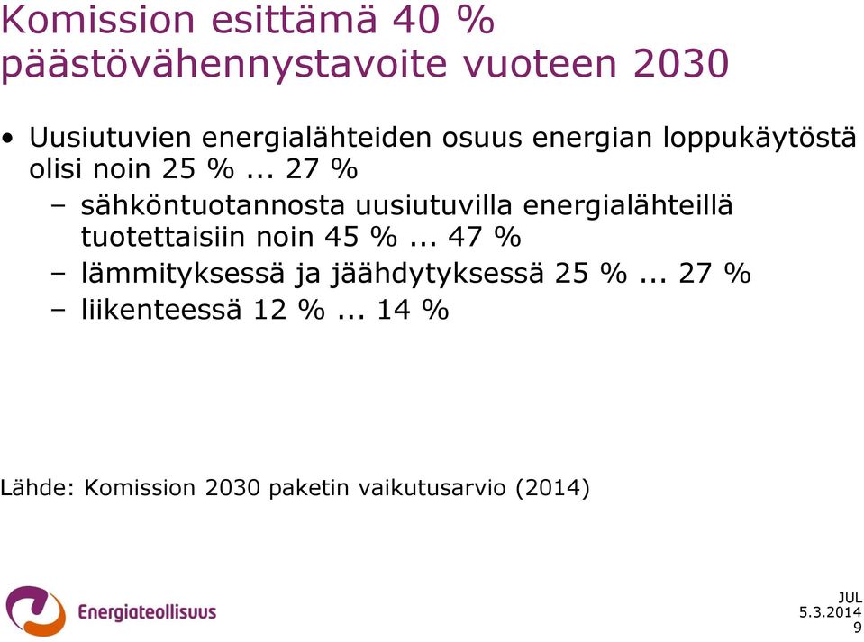 .. 27 % sähköntuotannosta uusiutuvilla energialähteillä tuotettaisiin noin 45 %.