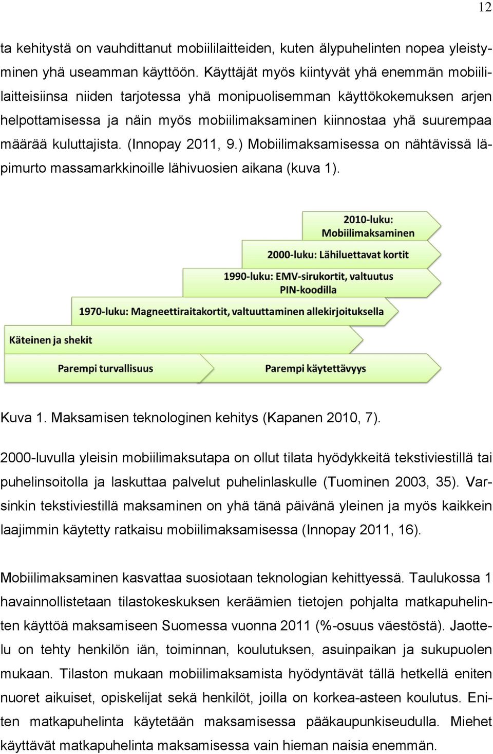 kuluttajista. (Innopay 2011, 9.) Mobiilimaksamisessa on nähtävissä läpimurto massamarkkinoille lähivuosien aikana (kuva 1). Kuva 1. Maksamisen teknologinen kehitys (Kapanen 2010, 7).