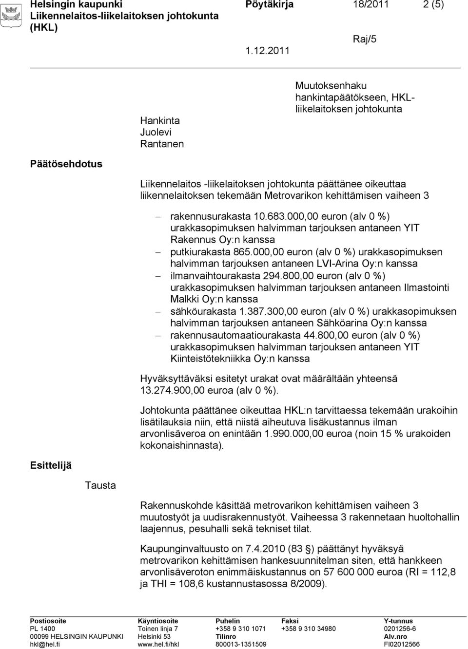 000,00 euron (alv 0 %) urakkasopimuksen halvimman tarjouksen antaneen LVI-Arina Oy:n kanssa ilmanvaihtourakasta 294.