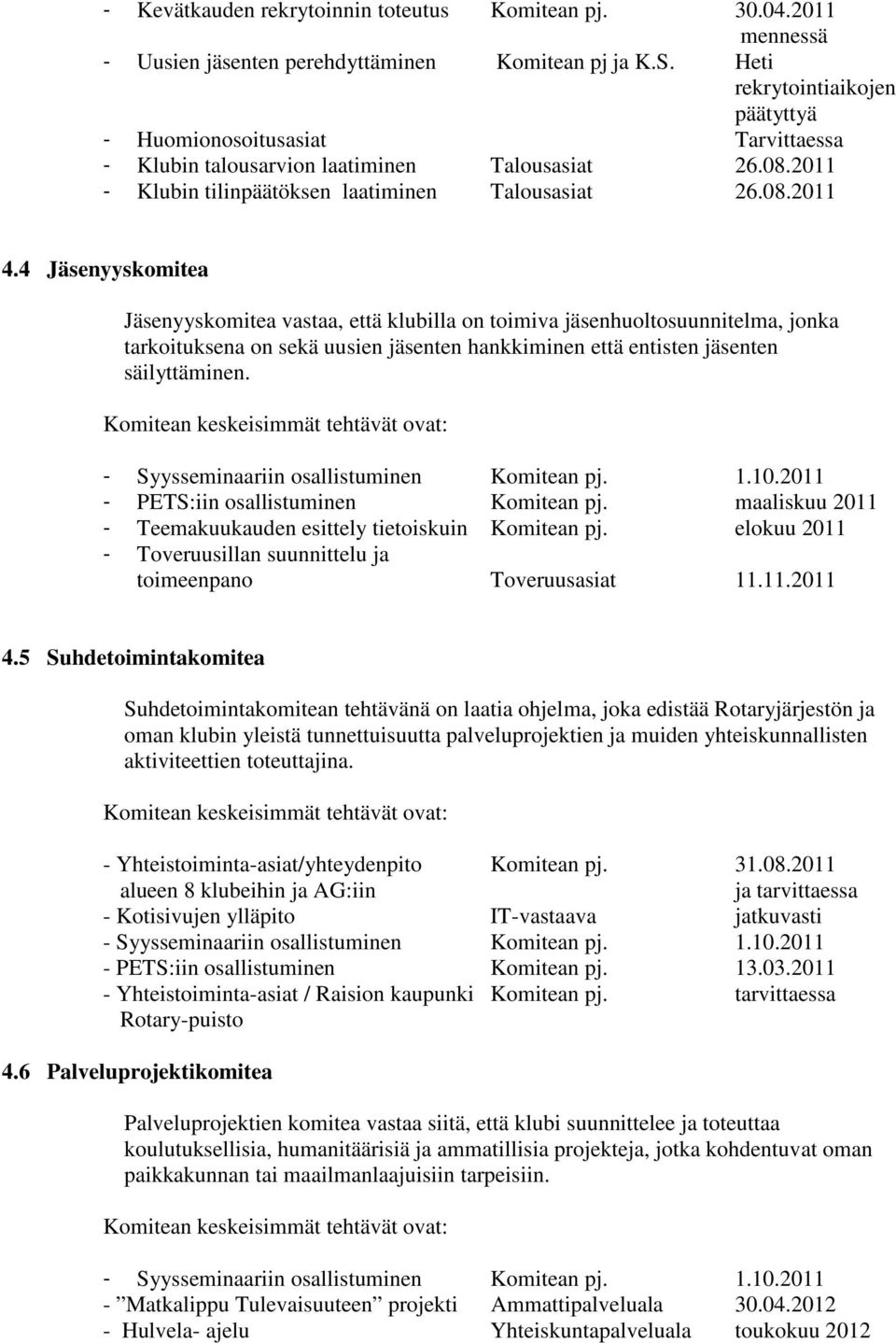 4 Jäsenyyskomitea Jäsenyyskomitea vastaa, että klubilla on toimiva jäsenhuoltosuunnitelma, jonka tarkoituksena on sekä uusien jäsenten hankkiminen että entisten jäsenten säilyttäminen.