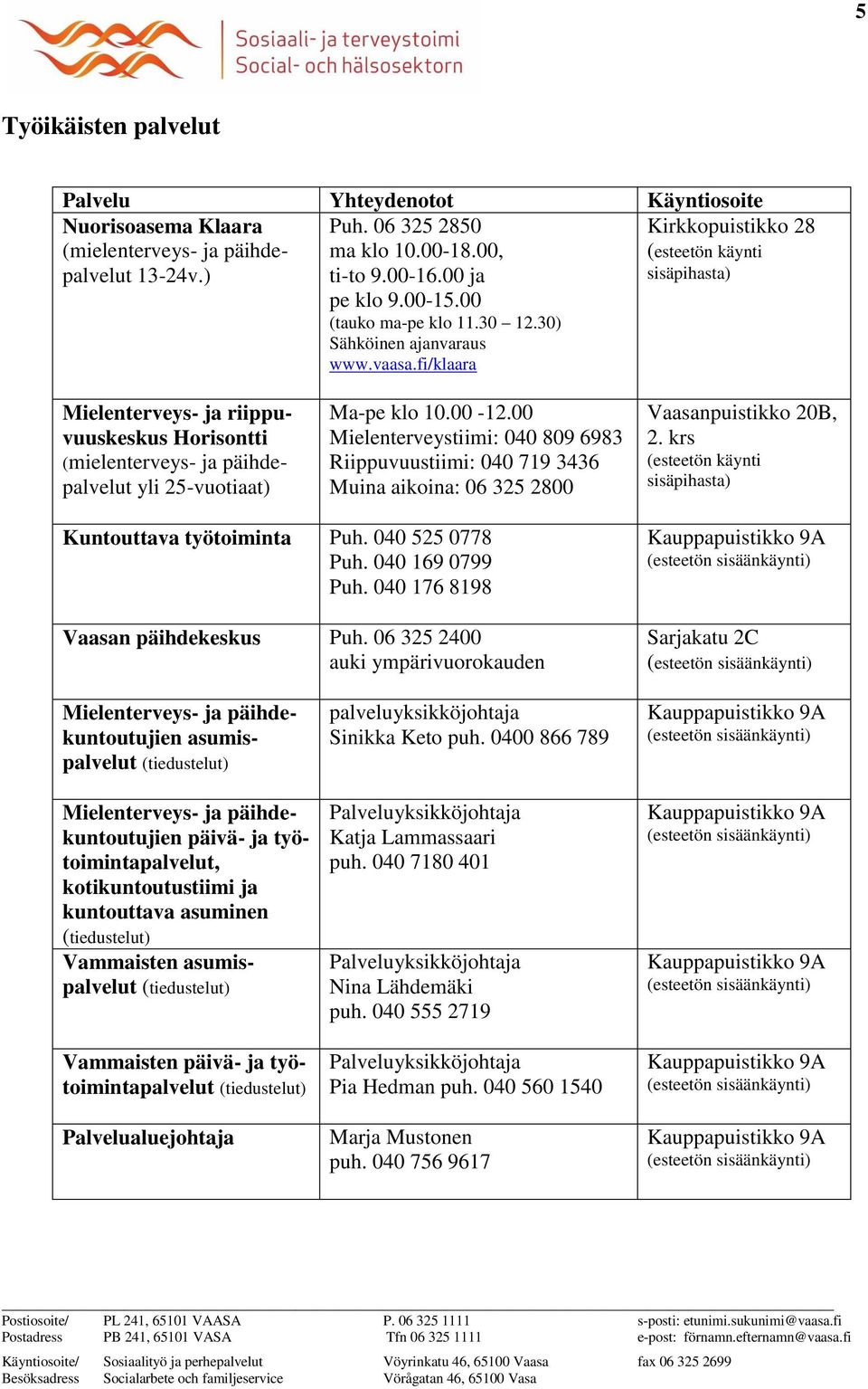 fi/klaara Kirkkopuistikko 28 (esteetön käynti sisäpihasta) Mielenterveys- ja riippuvuuskeskus Horisontti (mielenterveys- ja päihdepalvelut yli 25-vuotiaat) Ma-pe klo 10.00-12.