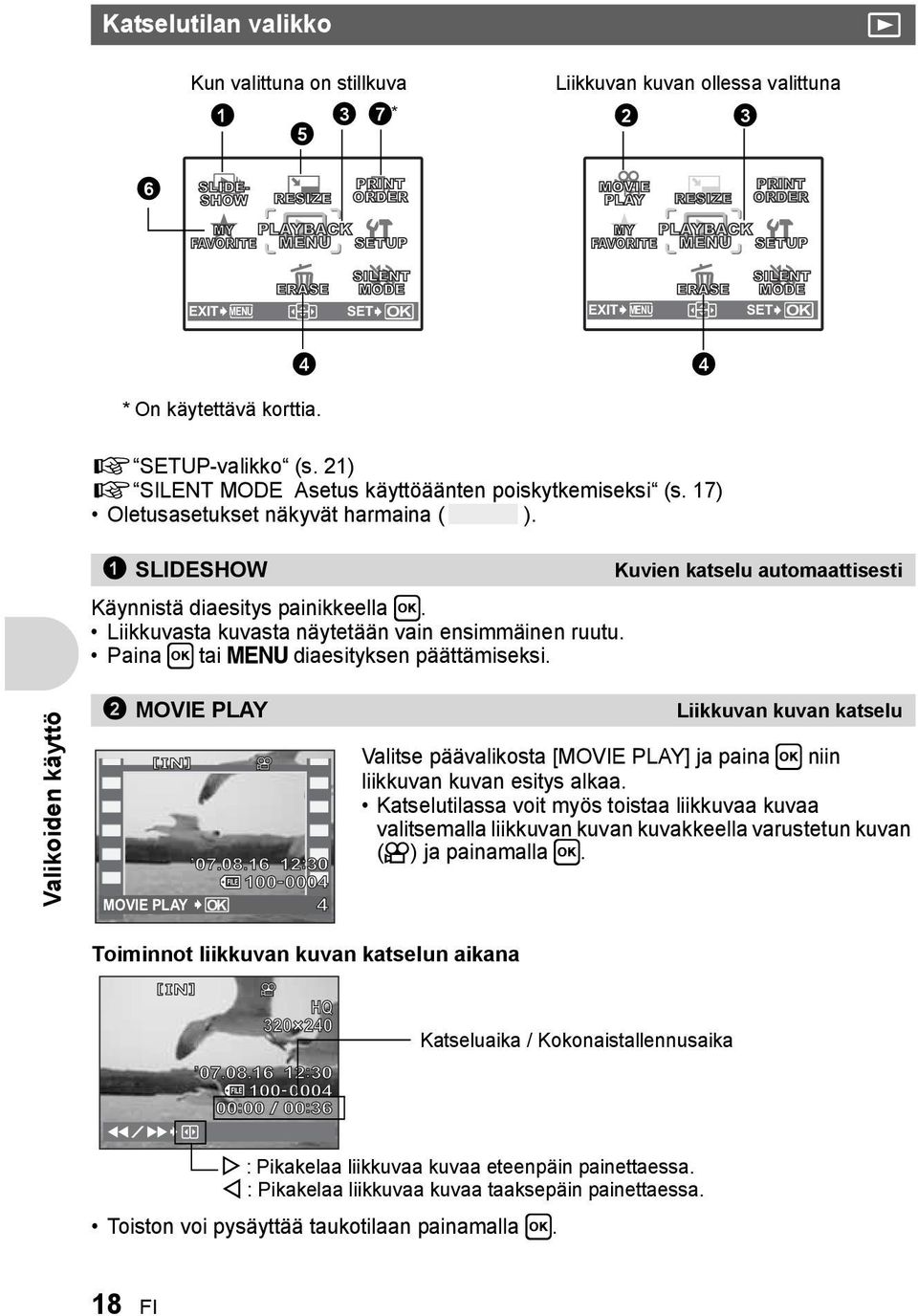 21) g SILENT MODE Asetus käyttöäänten poiskytkemiseksi (s. 17) Oletusasetukset näkyvät harmaina ( ). 1 SLIDESHOW Kuvien katselu automaattisesti Käynnistä diaesitys painikkeella H.