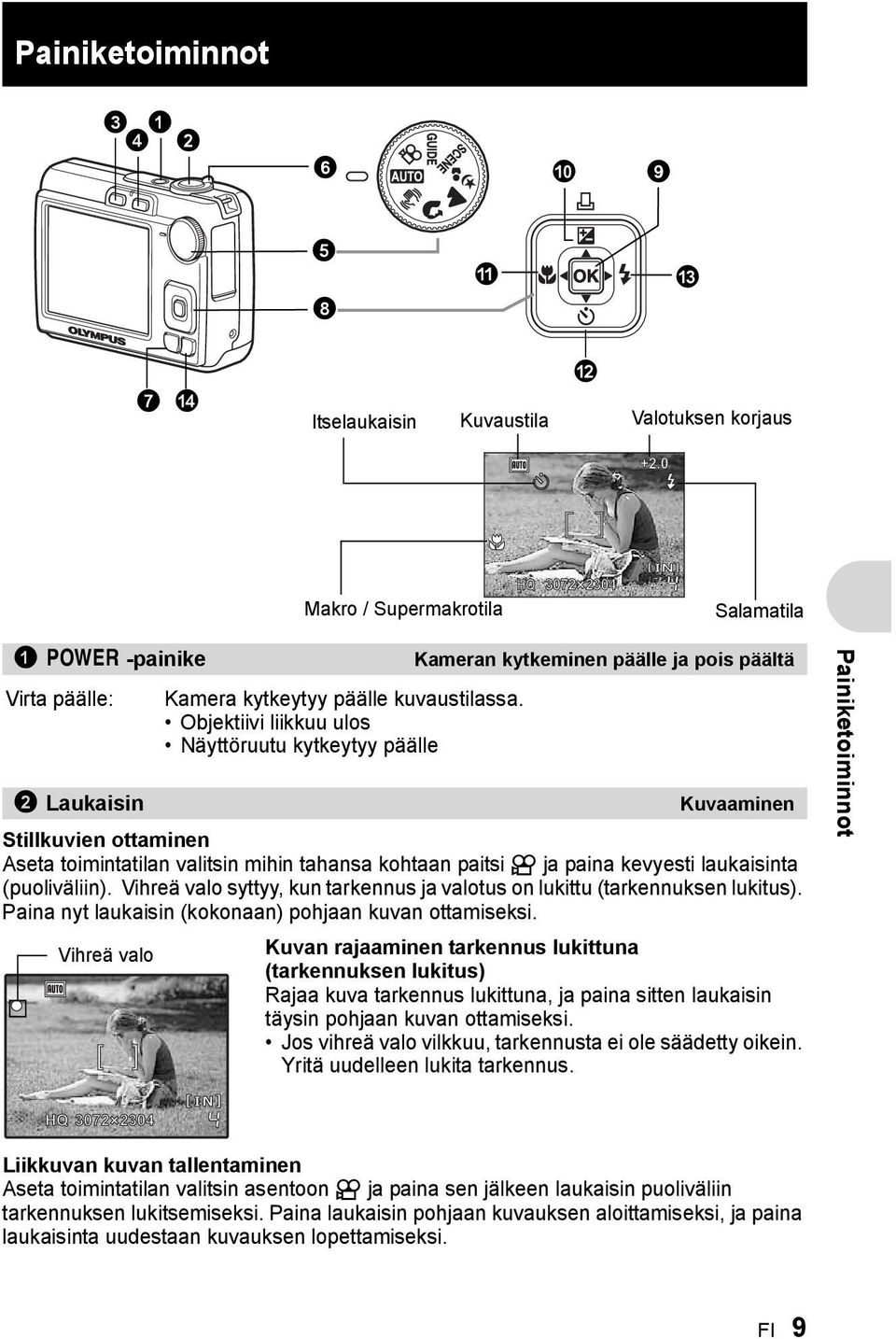 Objektiivi liikkuu ulos Näyttöruutu kytkeytyy päälle 2 Laukaisin Kuvaaminen Stillkuvien ottaminen Aseta toimintatilan valitsin mihin tahansa kohtaan paitsi A ja paina kevyesti laukaisinta