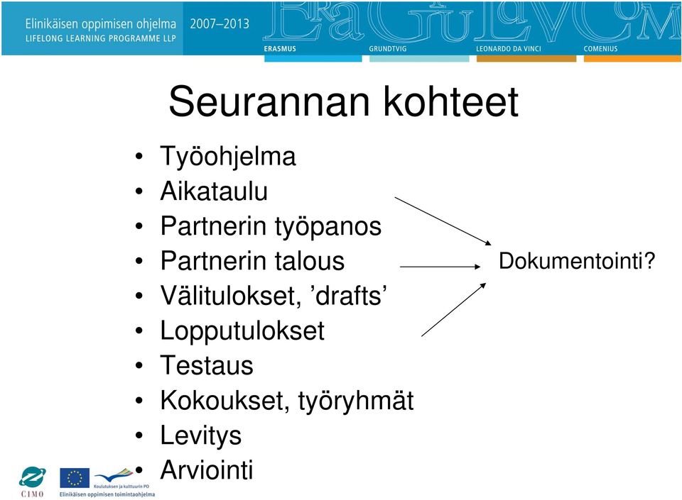 Välitulokset, drafts Lopputulokset Testaus