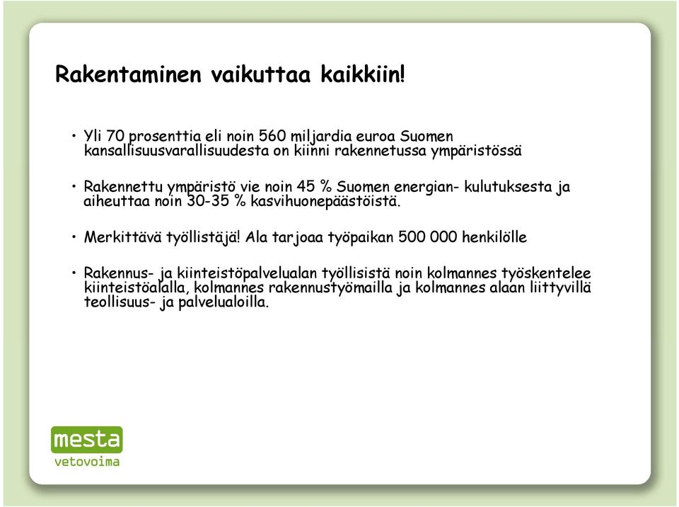 Rakennettu ympäristö vie noin 45 % Suomen energian- kulutuksesta ja aiheuttaa noin 30-35 % kasvihuonepäästöistä.