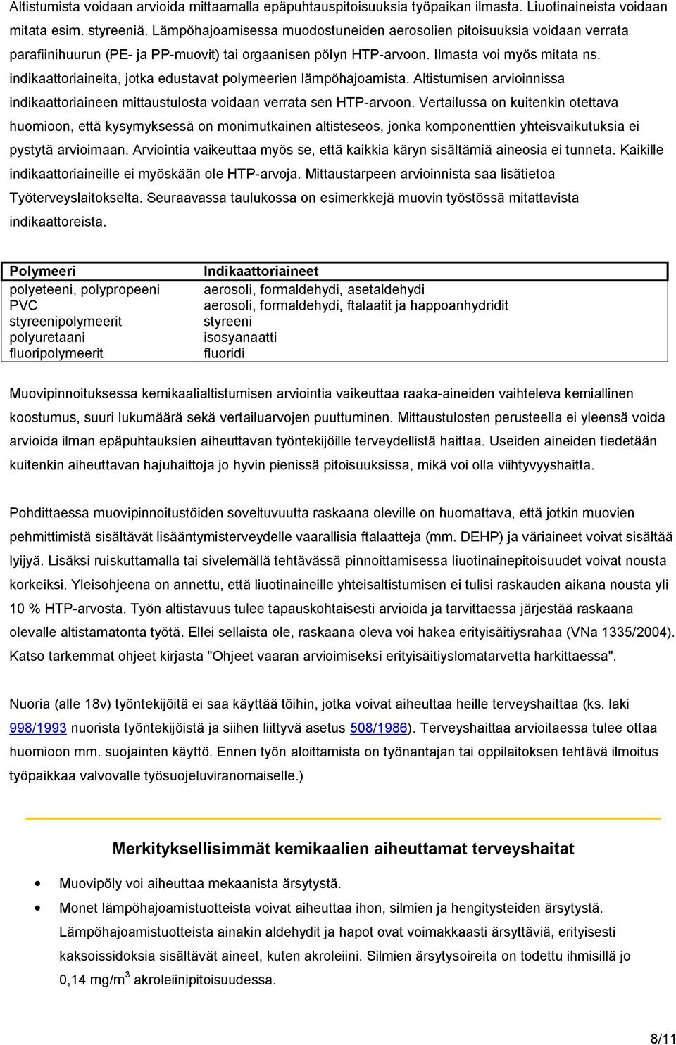 indikaattoriaineita, jotka edustavat polymeerien lämpöhajoamista. Altistumisen arvioinnissa indikaattoriaineen mittaustulosta voidaan verrata sen HTP-arvoon.