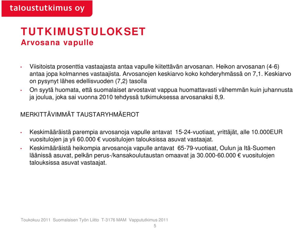 Keskiarvo on pysynyt lähes edellisvuoden (7,2) tasolla On syytä huomata, että suomalaiset arvostavat vappua huomattavasti vähemmän kuin juhannusta ja joulua, joka sai vuonna 2010 tehdyssä