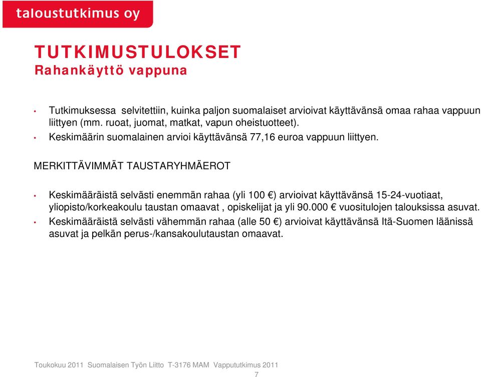 MERKITTÄVIMMÄT TAUSTARYHMÄEROT Keskimääräistä selvästi enemmän rahaa (yli 100 ) arvioivat käyttävänsä 15-24-vuotiaat, yliopisto/korkeakoulu taustan