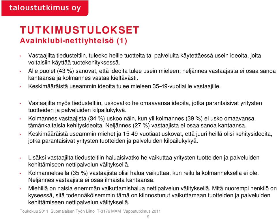Keskimääräistä useammin ideoita tulee mieleen 35-49-vuotiaille vastaajille.