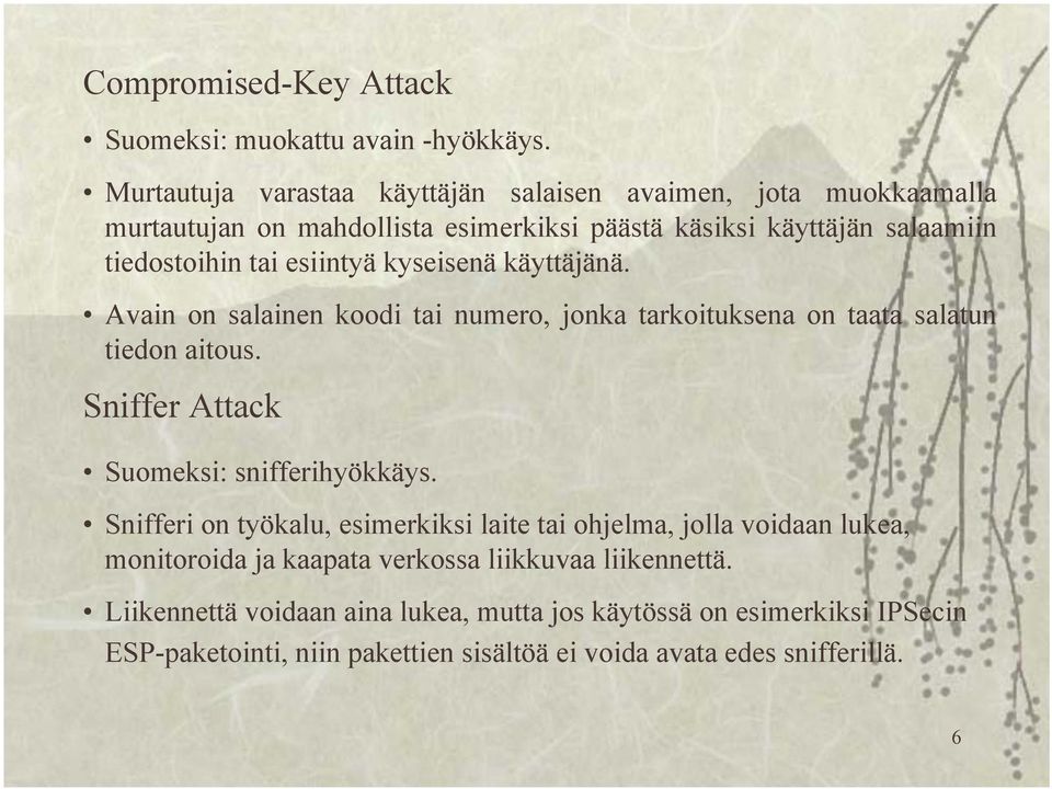 esiintyä kyseisenä käyttäjänä. Avain on salainen koodi tai numero, jonka tarkoituksena on taata salatun tiedon aitous. Sniffer Attack Suomeksi: snifferihyökkäys.