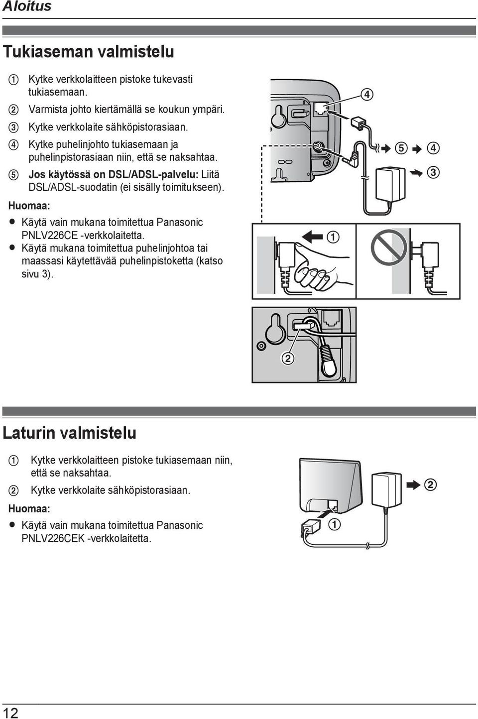 E D C Huomaa: R Käytä vain mukana toimitettua Panasonic PNLV226CE -verkkolaitetta. R Käytä mukana toimitettua puhelinjohtoa tai maassasi käytettävää puhelinpistoketta (katso sivu 3).