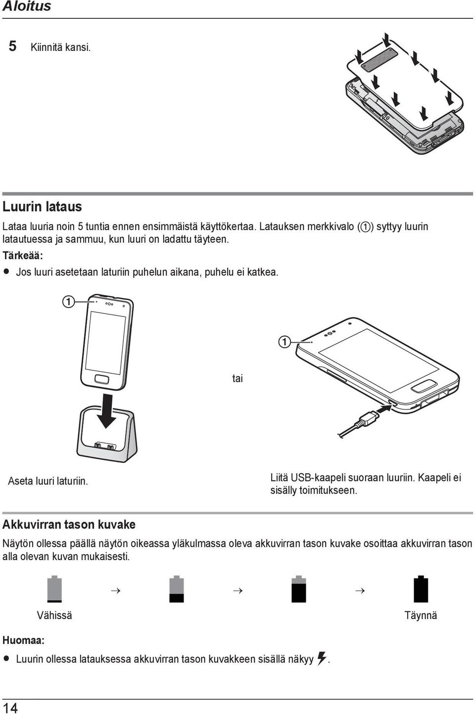Tärkeää: R Jos luuri asetetaan laturiin puhelun aikana, puhelu ei katkea. A A tai Aseta luuri laturiin. Liitä USB-kaapeli suoraan luuriin.