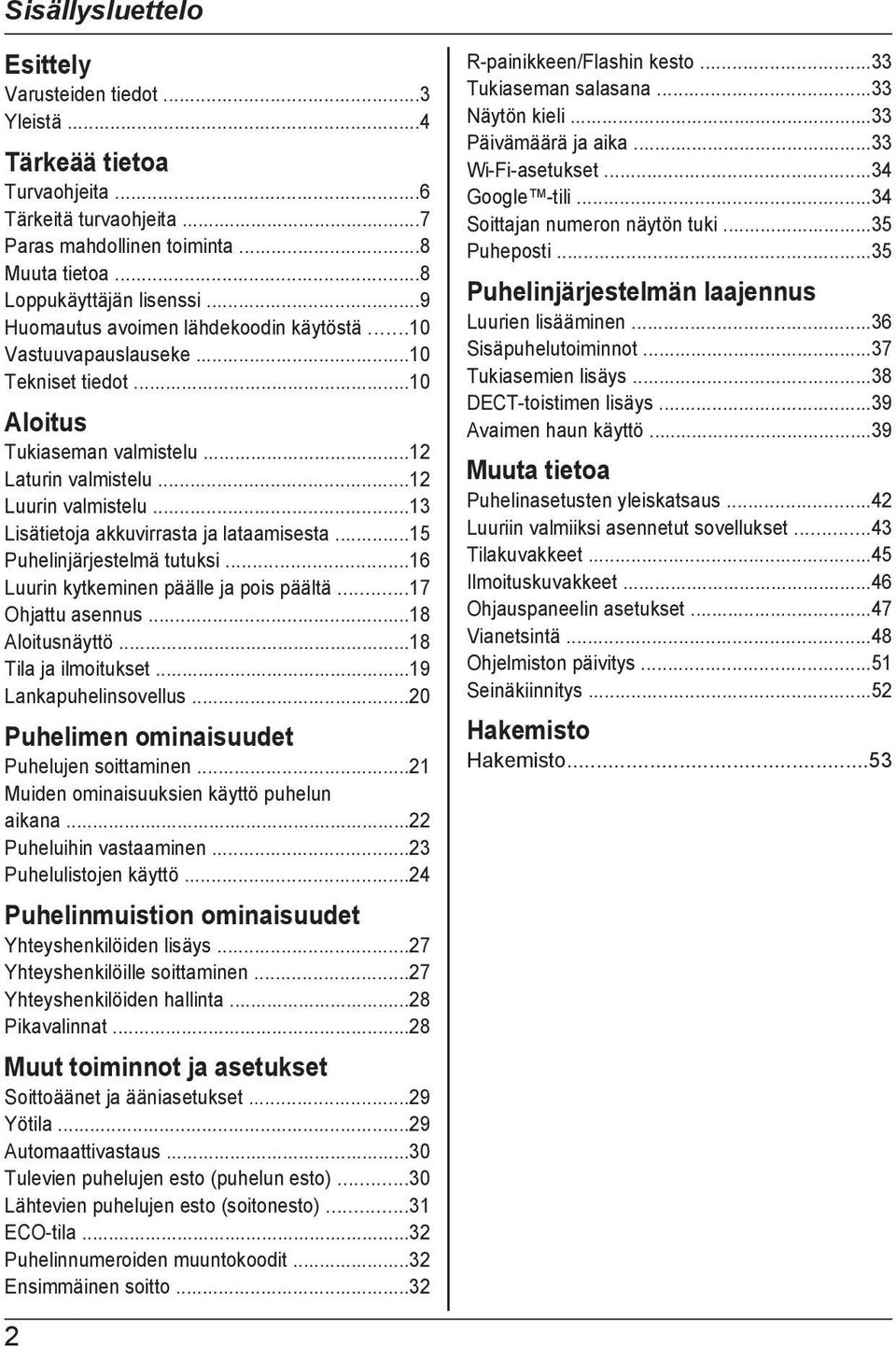 ..13 Lisätietoja akkuvirrasta ja lataamisesta...15 Puhelinjärjestelmä tutuksi...16 Luurin kytkeminen päälle ja pois päältä...17 Ohjattu asennus...18 Aloitusnäyttö...18 Tila ja ilmoitukset.