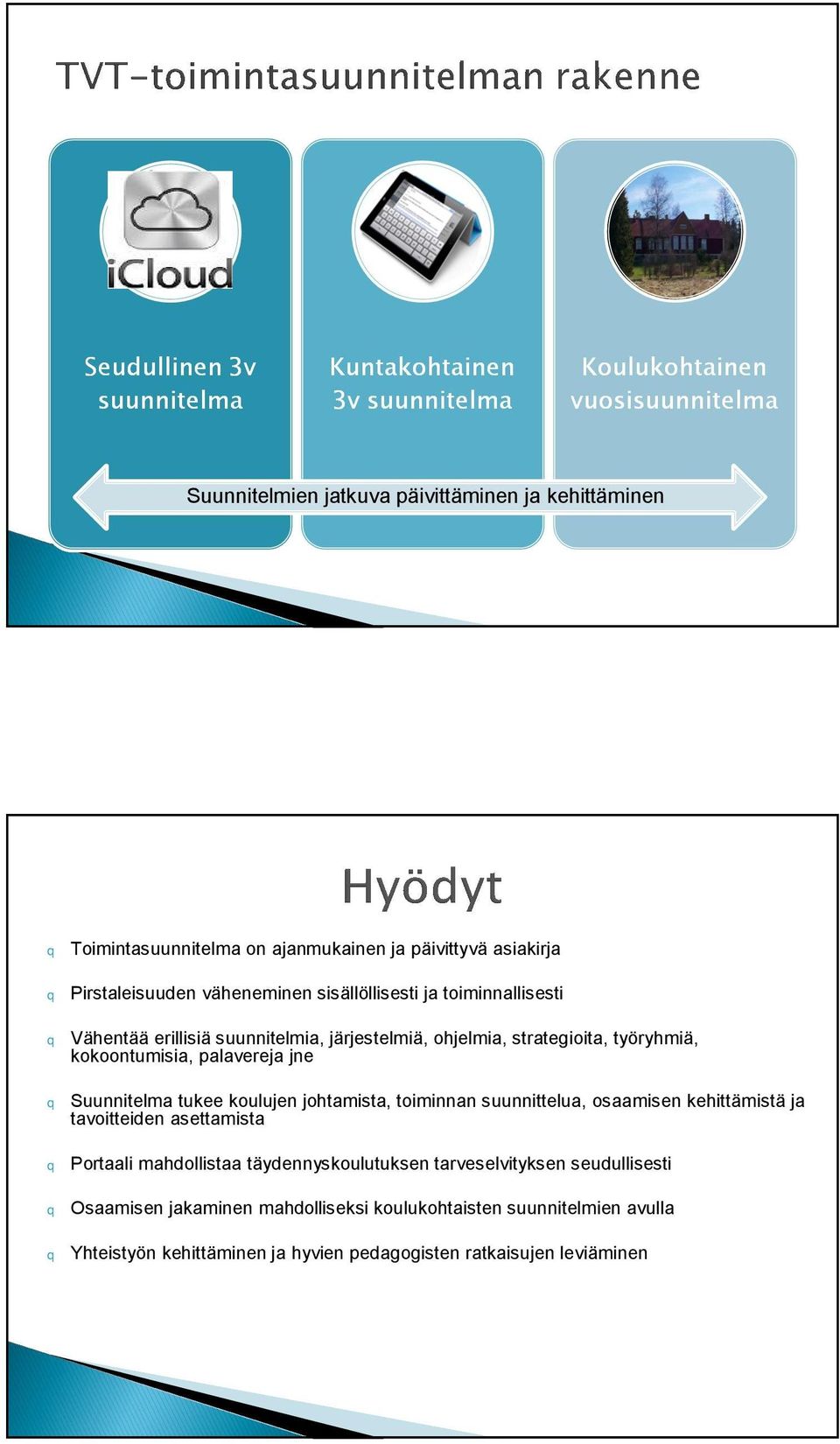 Suunnitelma tukee koulujen johtamista, toiminnan suunnittelua, osaamisen kehittämistä ja tavoitteiden asettamista q Portaali mahdollistaa