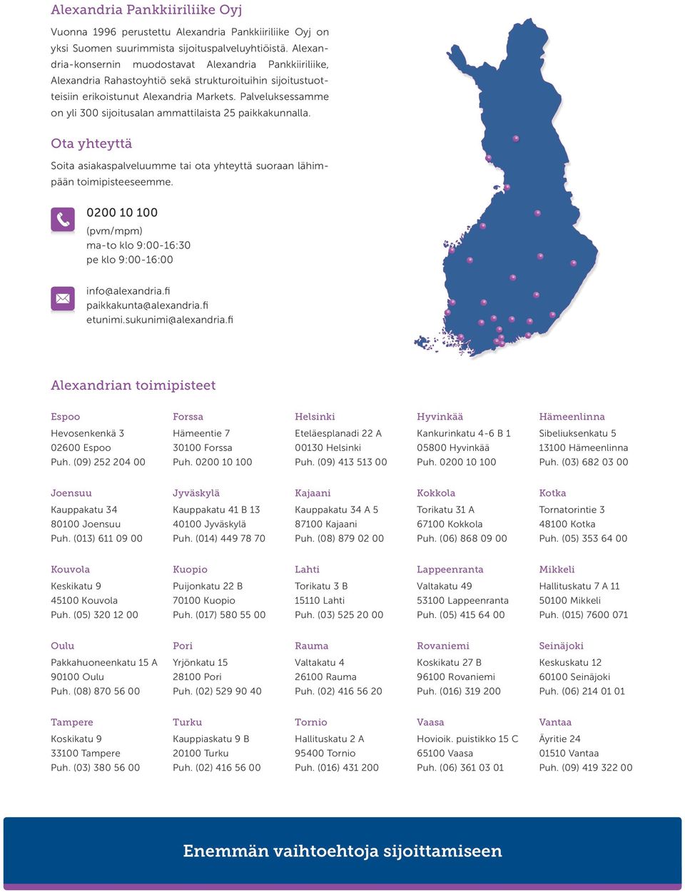 Palveluksessamme on yli 300 sijoitusalan ammattilaista 25 paikkakunnalla. Ota yhteyttä Soita asiakaspalveluumme tai ota yhteyttä suoraan lähimpään toimipisteeseemme.