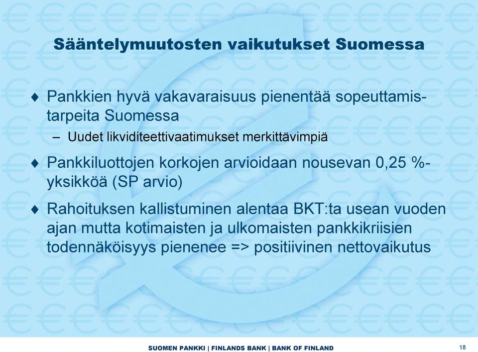 nousevan,25 %- yksikköä (SP arvio) Rahoituksen kallistuminen alentaa BKT:ta usean vuoden ajan