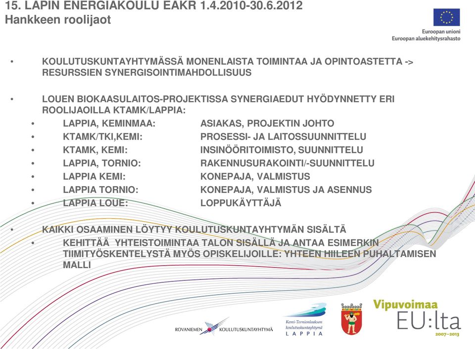 HYÖDYNNETTY ERI ROOLIJAOILLA KTAMK/LAPPIA: LAPPIA, KEMINMAA: ASIAKAS, PROJEKTIN JOHTO KTAMK/TKI,KEMI: PROSESSI- JA LAITOSSUUNNITTELU KTAMK, KEMI: INSINÖÖRITOIMISTO, SUUNNITTELU