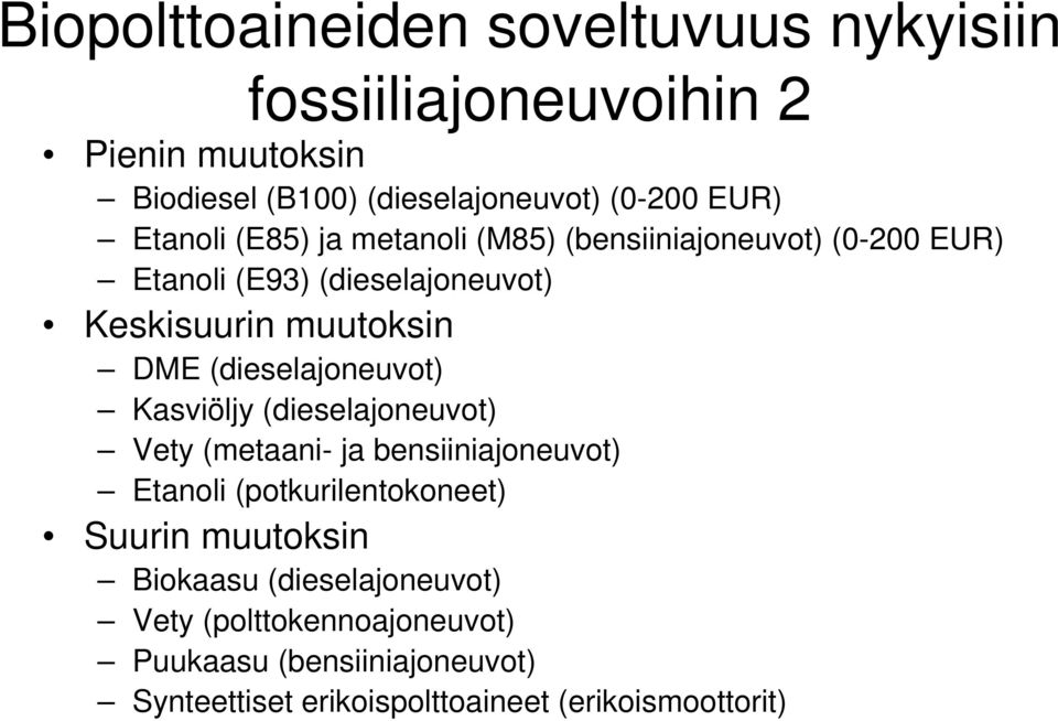 (dieselajoneuvot) Kasviöljy (dieselajoneuvot) Vety (metaani- ja bensiiniajoneuvot) Etanoli (potkurilentokoneet) Suurin muutoksin