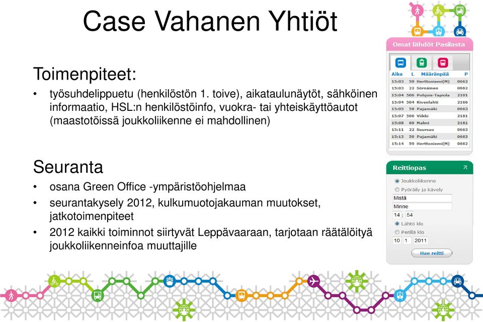 (maastotöissä joukkoliikenne ei mahdollinen) Seuranta osana Green Office -ympäristöohjelmaa seurantakysely