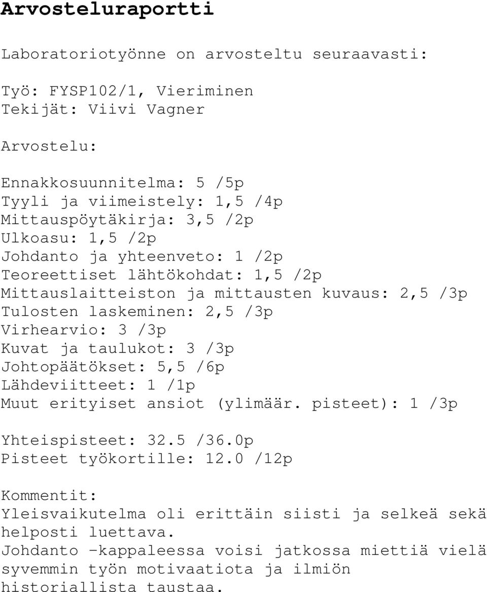 Virhearvio: 3 /3p Kuvat ja taulukot: 3 /3p Johtopäätökset: 5,5 /6p Lähdeviitteet: 1 /1p Muut erityiset ansiot (ylimäär. pisteet): 1 /3p Yhteispisteet: 32.5 /36.0p Pisteet työkortille: 12.