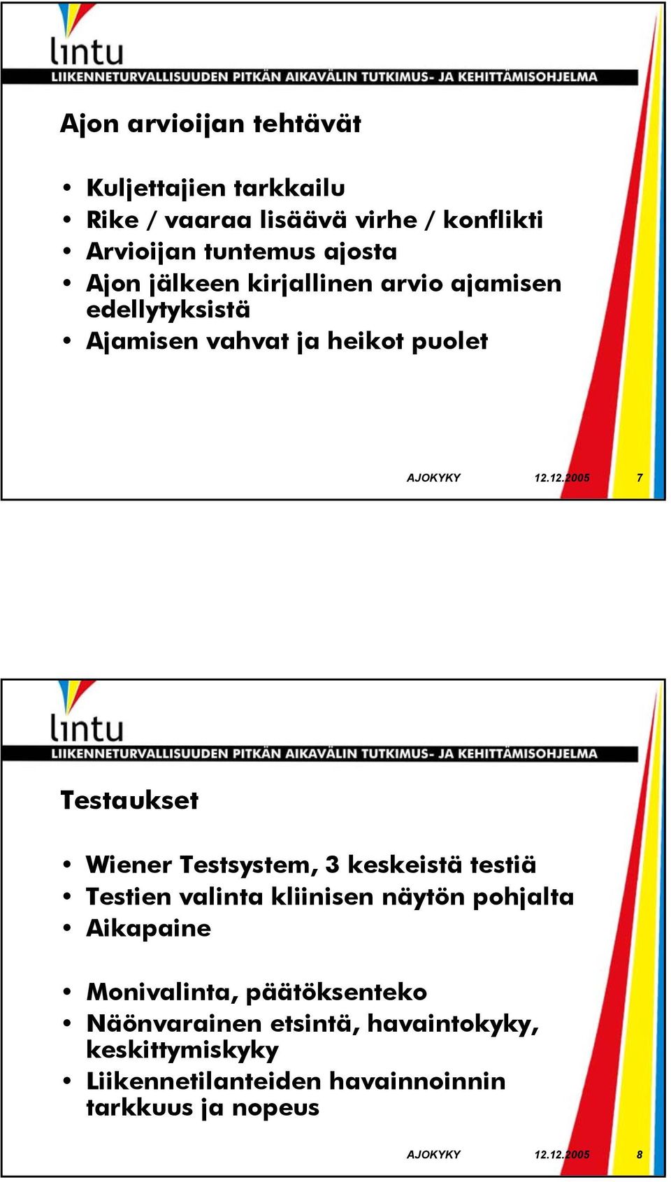 12.2005 7 Testaukset Wiener Testsystem, 3 keskeistä testiä Testien valinta kliinisen näytön pohjalta Aikapaine