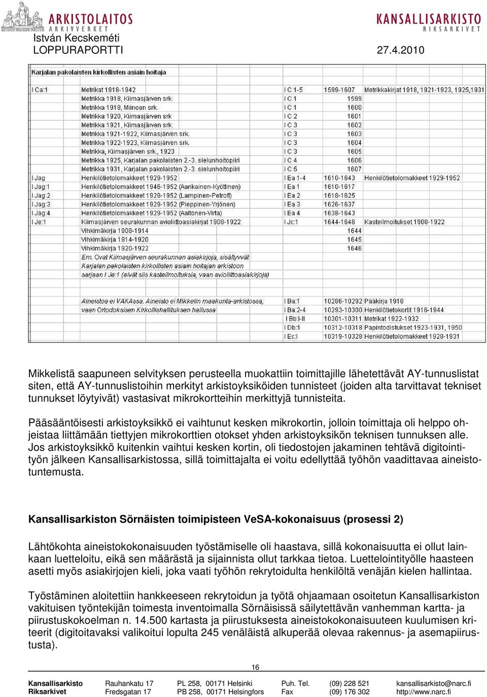 Pääsääntöisesti arkistoyksikkö ei vaihtunut kesken mikrokortin, jolloin toimittaja oli helppo ohjeistaa liittämään tiettyjen mikrokorttien otokset yhden arkistoyksikön teknisen tunnuksen alle.