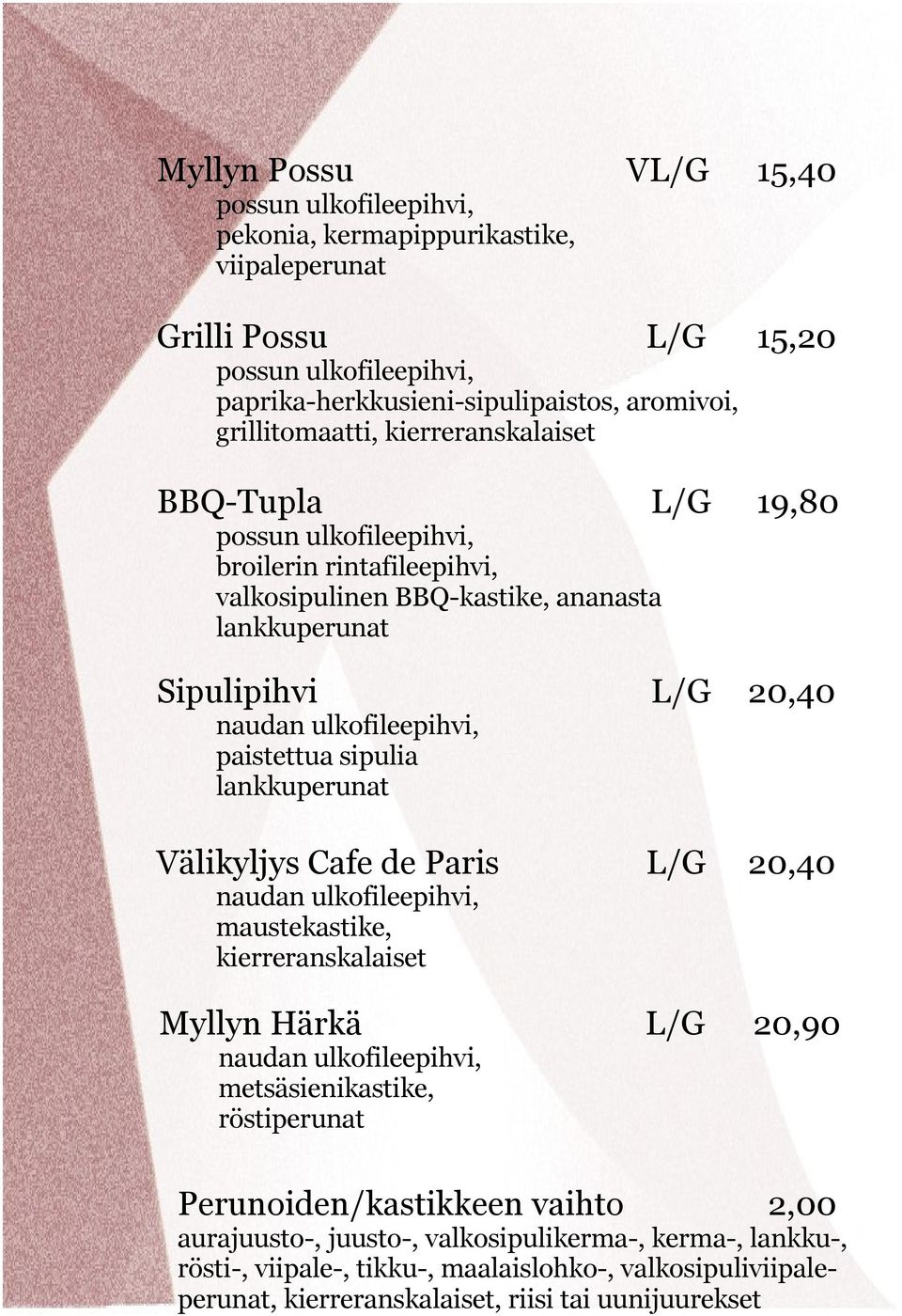 ulkofileepihvi, paistettua sipulia lankkuperunat Välikyljys Cafe de Paris L/G 20,40 naudan ulkofileepihvi, maustekastike, kierreranskalaiset Myllyn Härkä L/G 20,90 naudan ulkofileepihvi,