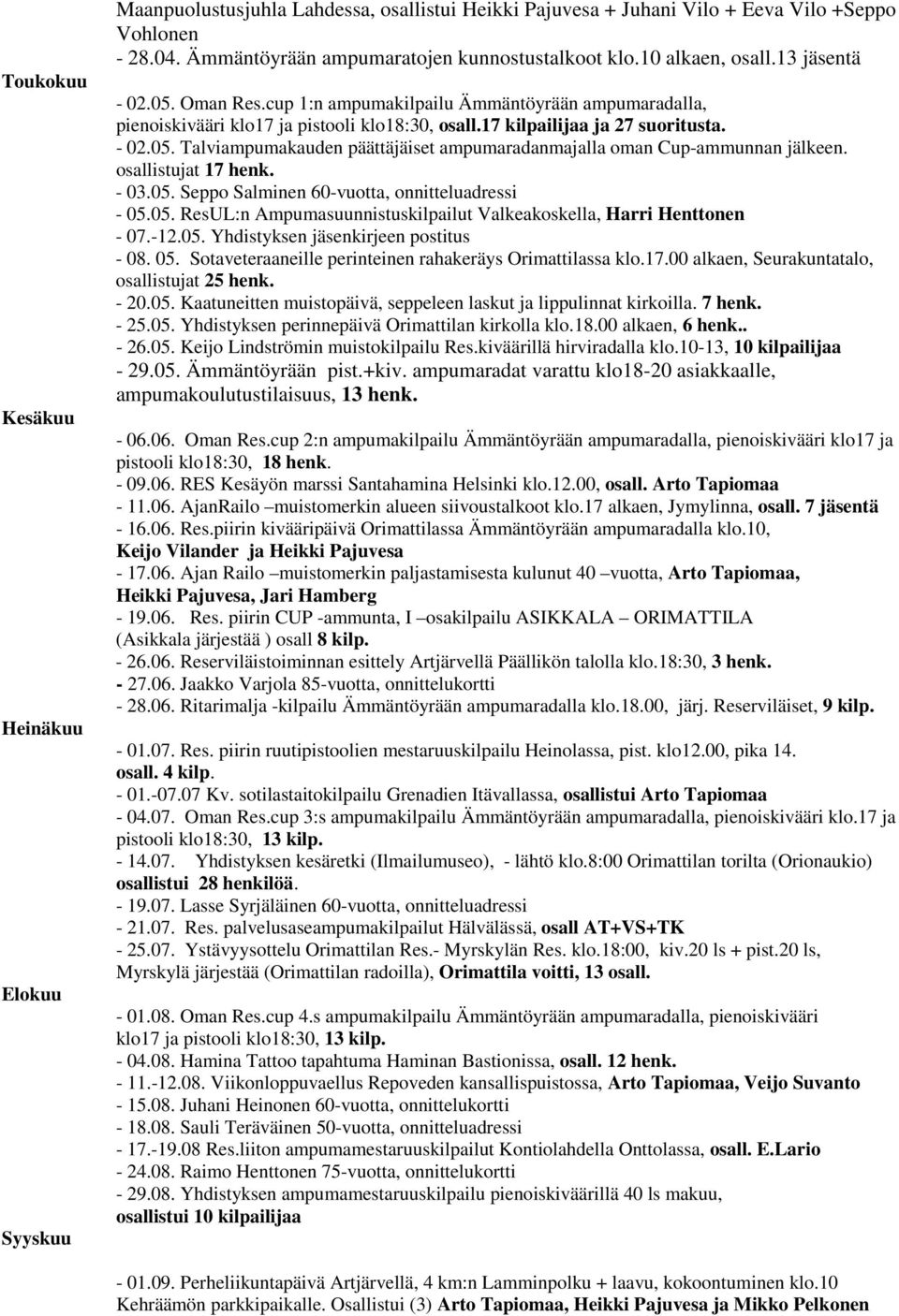 osallistujat 17 henk. - 03.05. Seppo Salminen 60-vuotta, onnitteluadressi - 05.05. ResUL:n Ampumasuunnistuskilpailut Valkeakoskella, Harri Henttonen - 07.-12.05. Yhdistyksen jäsenkirjeen postitus - 08.