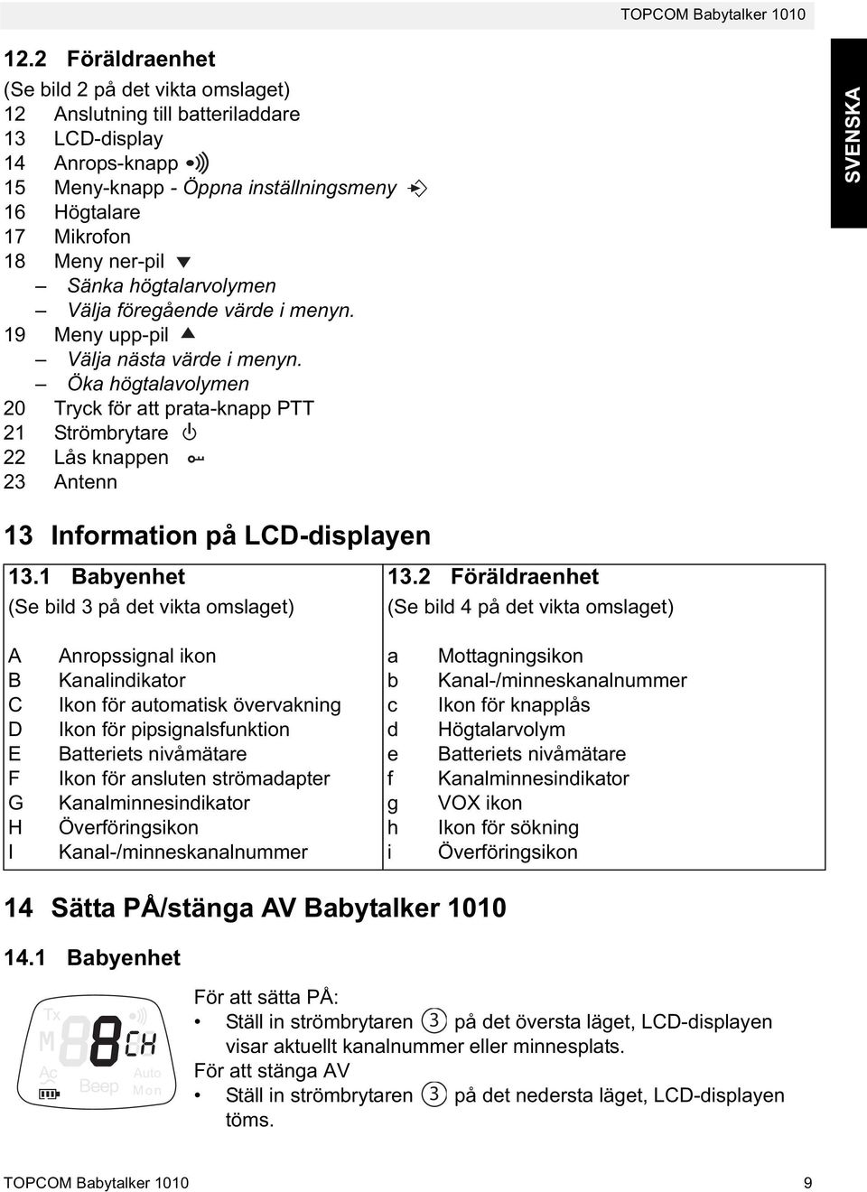 Öka högtalavolymen 20 Tryck för att prata-knapp PTT 21 Strömbrytare 22 Lås knappen 23 Antenn SVENSKA 13 Information på LCD-displayen 13.1 Babyenhet 13.